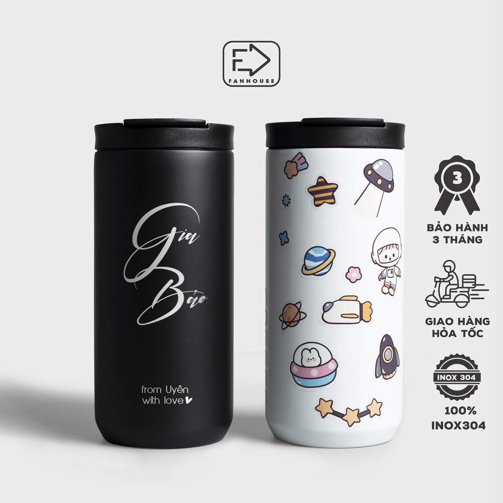 Cốc giữ nhiệt  400ml Fan House ly coffee Holic v2 inox 304, bình nước giữ nhiệt 12h khắc tên theo yêu cầu tặng que cọ