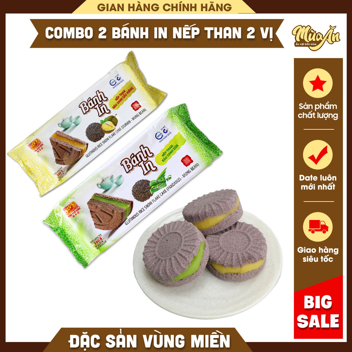 Combo 2 bánh in nếp than 6 bánh tròn 360g Tân Huê Viên , Bánh in nếp than đậu xanh sầu riêng, Bánh in nếp than đậu xanh lá dứa, Bánh in nếp than Sóc Trăng