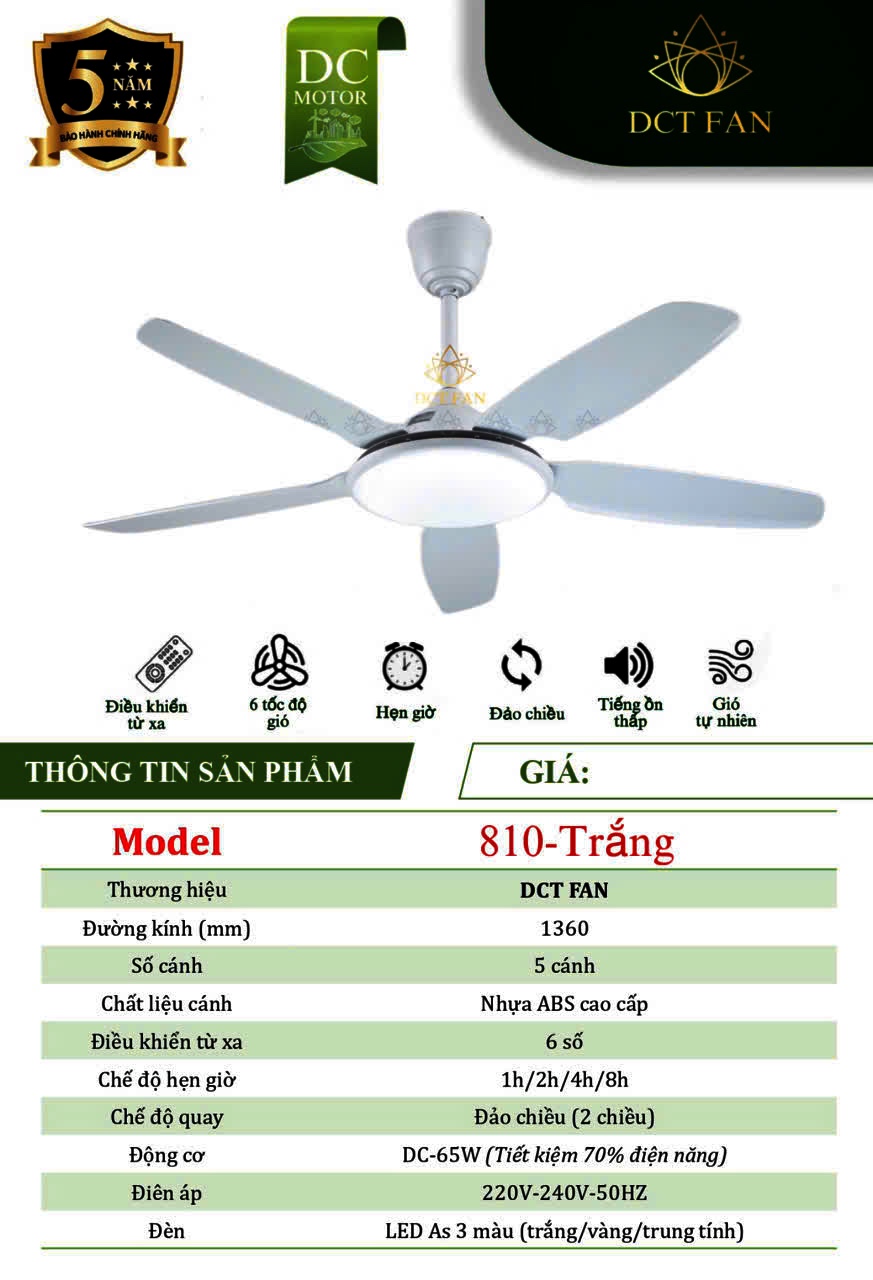 Quạt trần phòng khách DCT810 Động cơ DC 6 tốc độ gió sải cánh rộng 132cm Bảo hành động cơ 5 năm