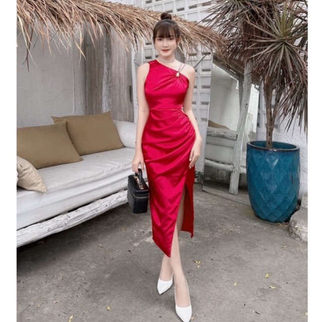 Váy đầm dạ hội dự tiệc lệch vai khoét eo đính đá sang trọng