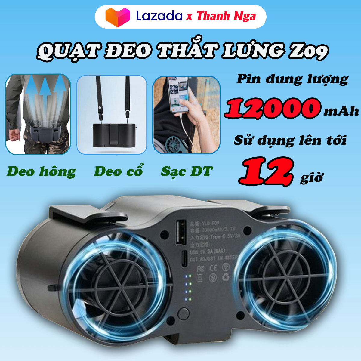 Quạt đeo thắt lưng 2 luồng gió Z09, Quạt áo điều hòa pin 12000mAh, Quạt thắt lưng di động, quạt USB rảnh tay đeo eo đeo cổ mini cầm tay tiện lợi