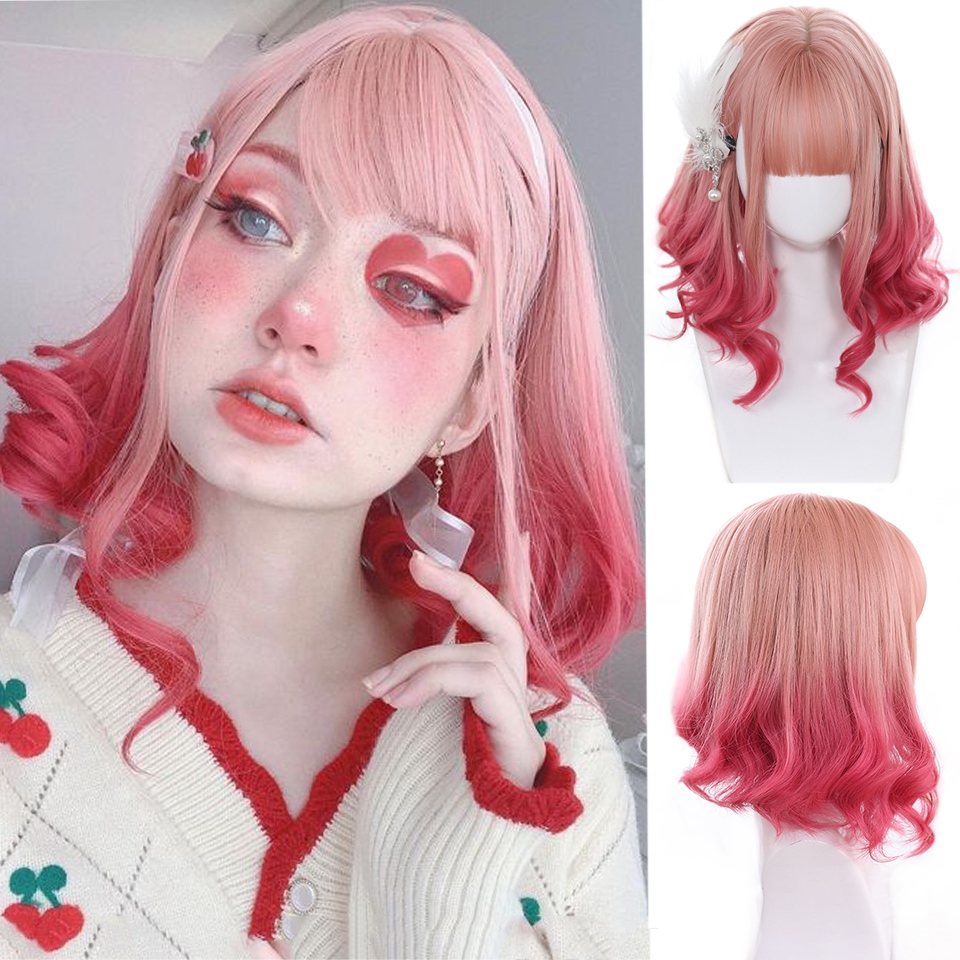 HOUYAN Synthetic short bob curly hair girl pink purple wig female bangs cosplay Lolita party wig heat resistant wig