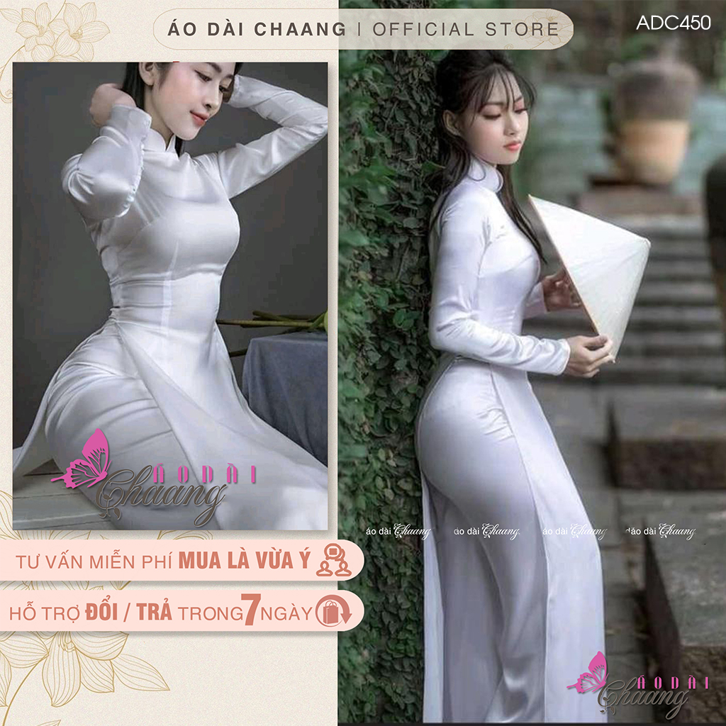 Áo dài phi bóng trắng Chaang may sẵn ADC450 áo dài học sinh, vải áo dài truyền thống phi lụa đẹp