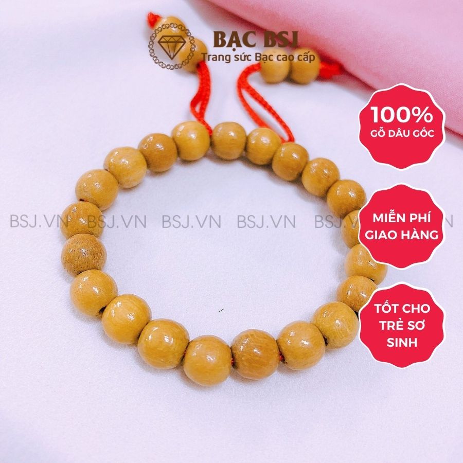 Vòng dâu tằm cho bé đeo tránh gió, tránh tà, giúp bé ngủ ngon, gỗ dâu thật. Bạc BSJ