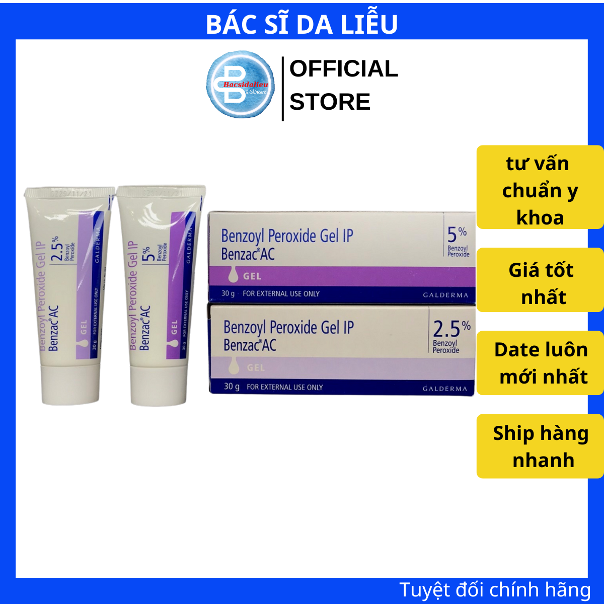 Benzac AC 2.5 - 5% (30g) kem chấm mụn, 5 % và 2.5% benzoyl peroxide, giảm sạch mụn ngay