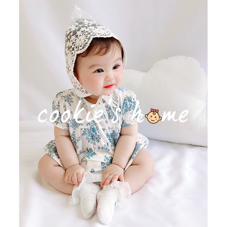 [HCM]Bộ áo liền quần nền trắng hoa xanh tiểu thư cho bé gái bộ áo liền quần cộc tay cho bé gái mặc chụp hình studio