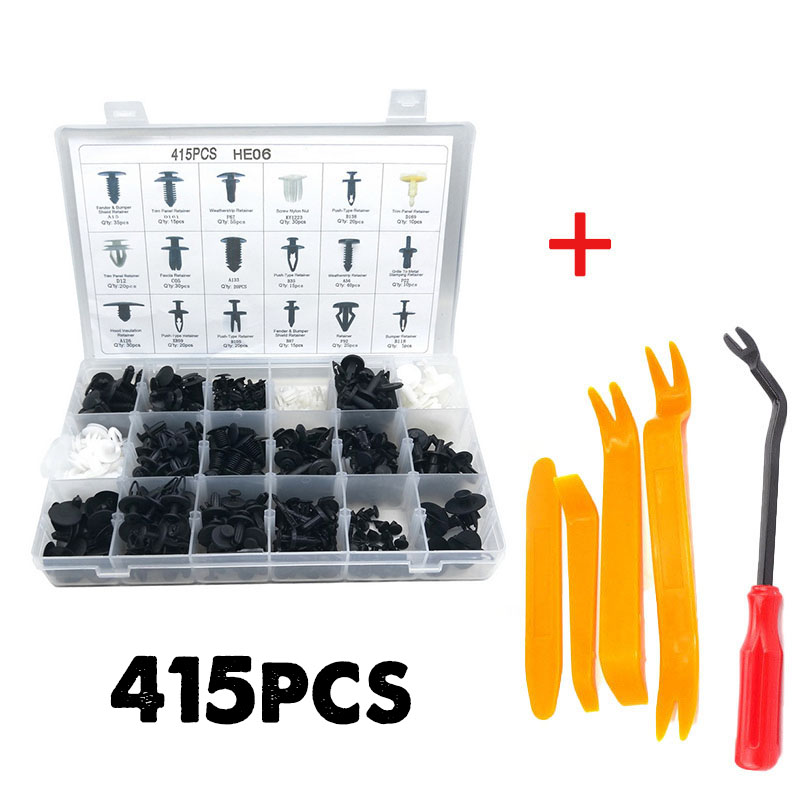 Bộ 415 đinh tán chốt vít nở bằng nhựa cố định các bộ phận trên xe hơi kèm hộp và dụng cụ