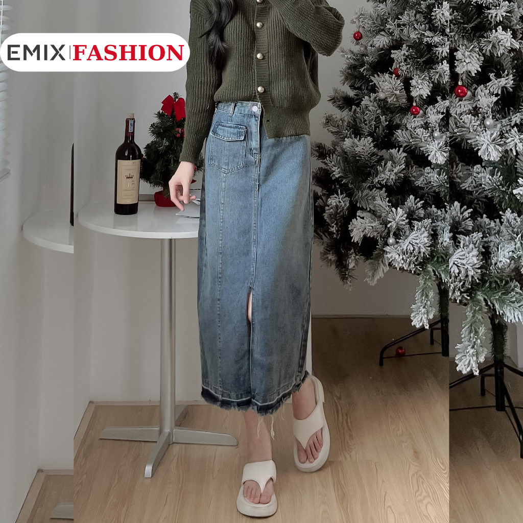 Chân váy jeans dáng dài EMIX,ulzzang, chân váy bò xẻ trước, xẻ tà tua rua, dáng dài 6809