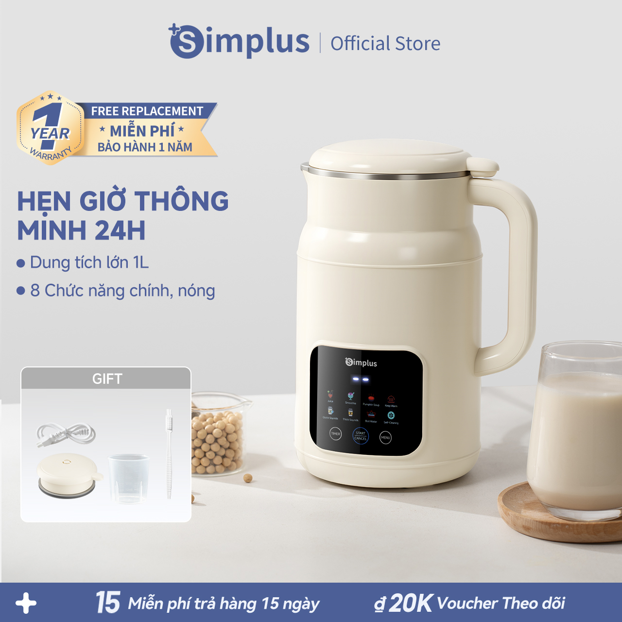  Simplus Máy làm sữa hạt 1000ML Máy xay đa năng Làm nước ép súp bí đỏ Xay sinh tố Hỗ trợ làm nóng Giữ ấm PBJH001 