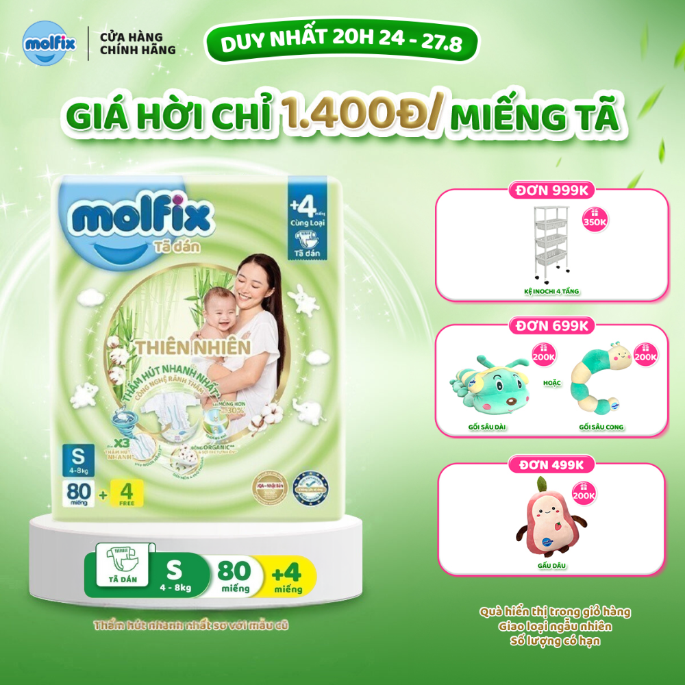 Tã/bỉm dán Molfix Thiên nhiên Super Jumbo S - Gói 80+4 miếng