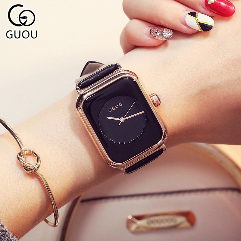 Đồng hồ nữ đeo tay dây da Guou mặt vuông chính hãng chống nước tuyệt đối  8096 - MixASale