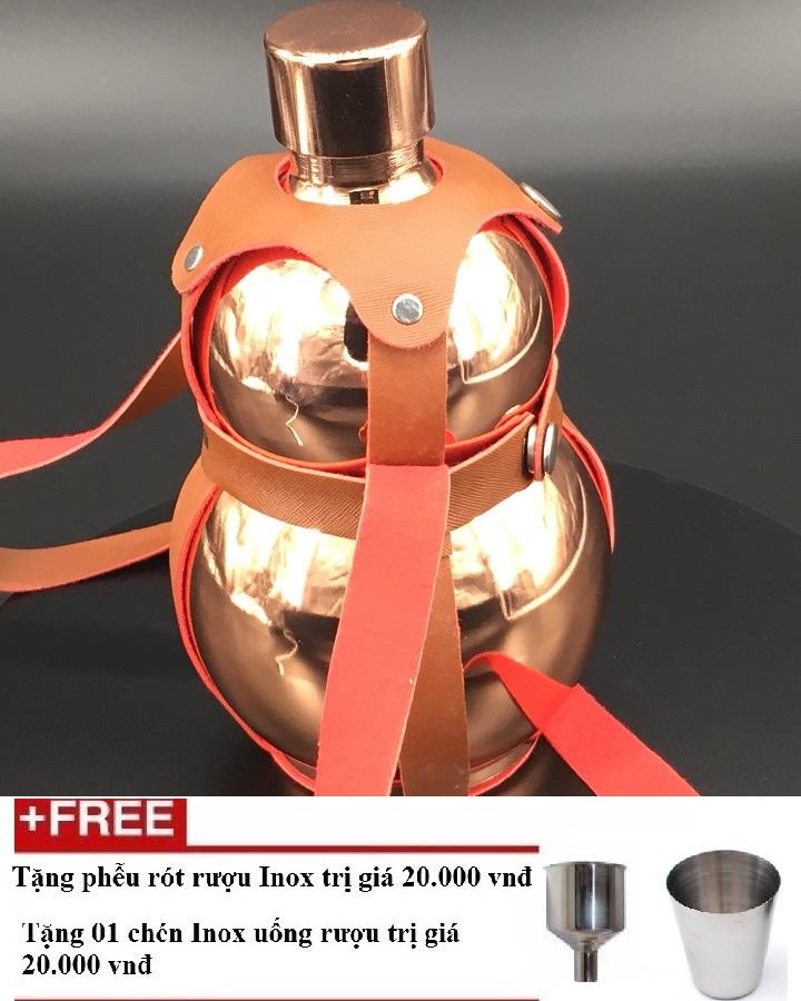 Bình Rươu Hồ Lô Inox 2L sáng bóng Có Bao Da shopaha247 tặng kèm phễu + chén (màu đồng, vàng, màu than bóng)