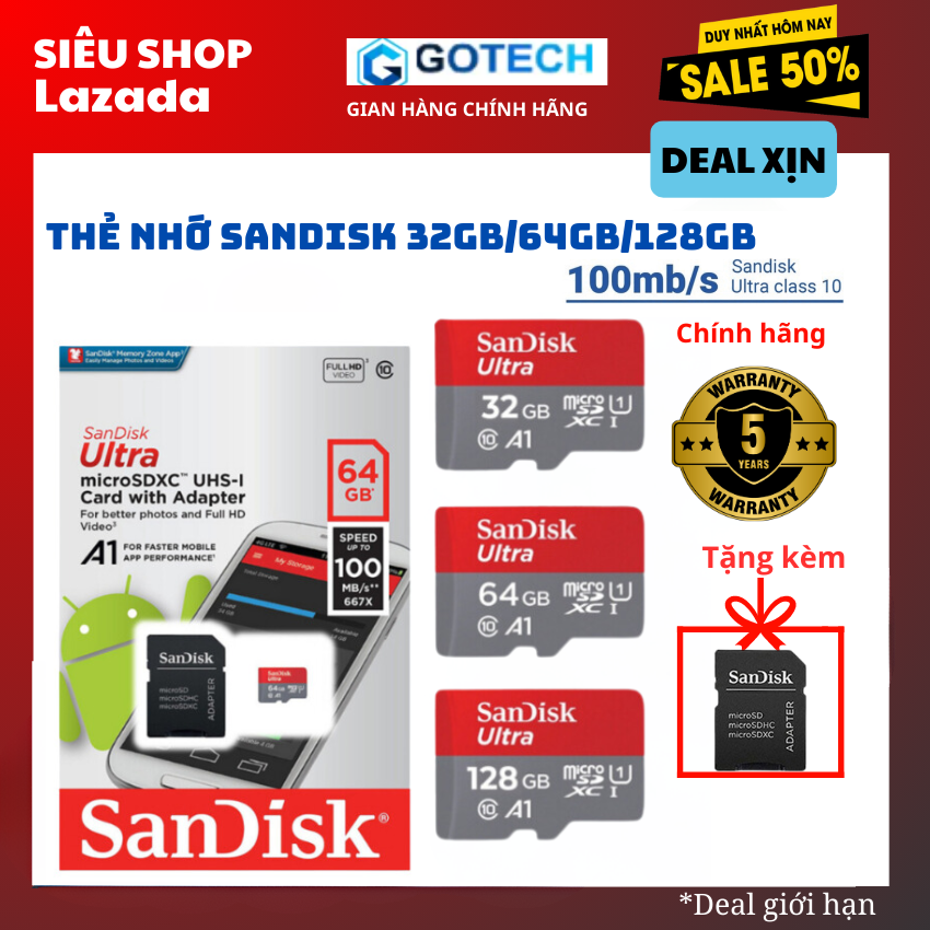 Thẻ nhớ Sandisk Ultra 32GB - 64GB - 128GB 100MB/s 677X, dùng điện thoại, máy ảnh, Camera hành trình - Thẻ nhớ tốc độ cao Class 10 Ultra