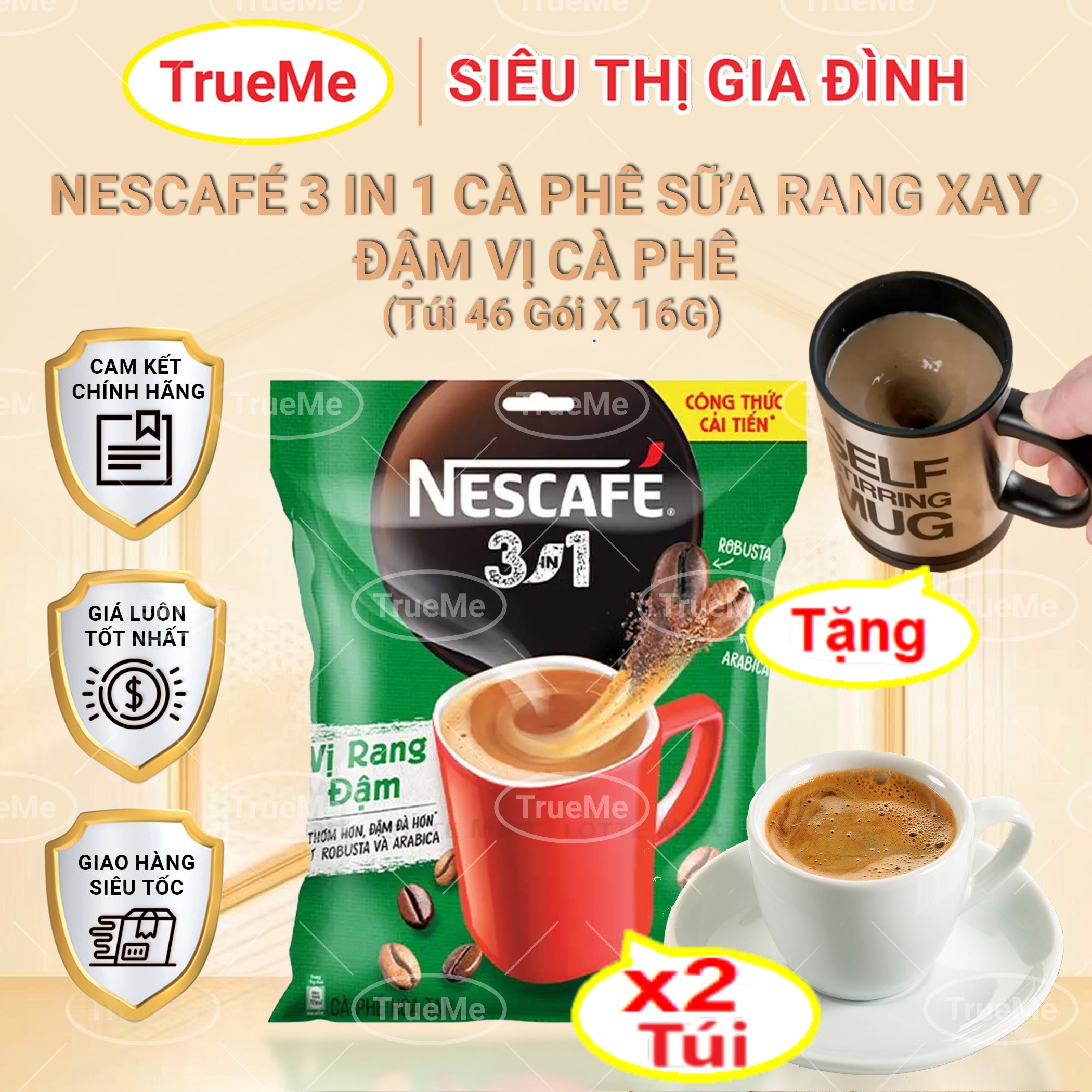 Tặng ly khuấy tự động Combo x2 túi Nescafe Túi Xanh 46gói x 16g túi - Ca phe rang xay hoa tan - cafe sữa đá - coffee - ca phe hoa tan - café pha san - nesxanh46 trueme TrueMart truemenews LazadaTrueMe