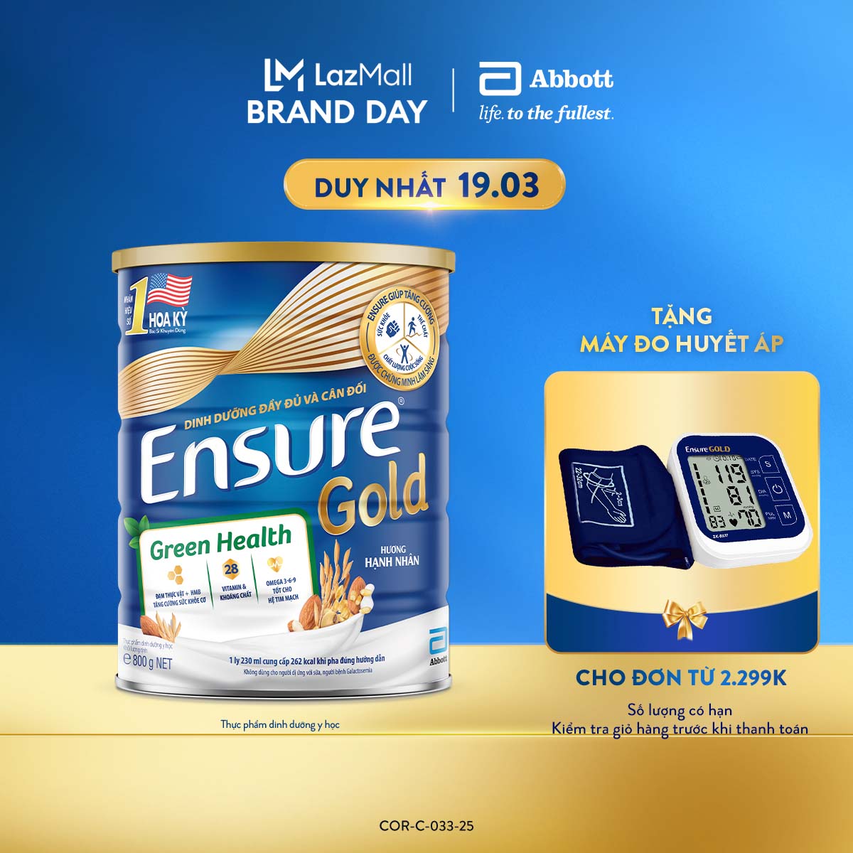 [CHỈ 19.3 TẶNG MÁY ĐO HUYẾT ÁP CHO ĐH 2299K-SLCH] Lon sữa bột Ensure Gold Green Health  800g (New)