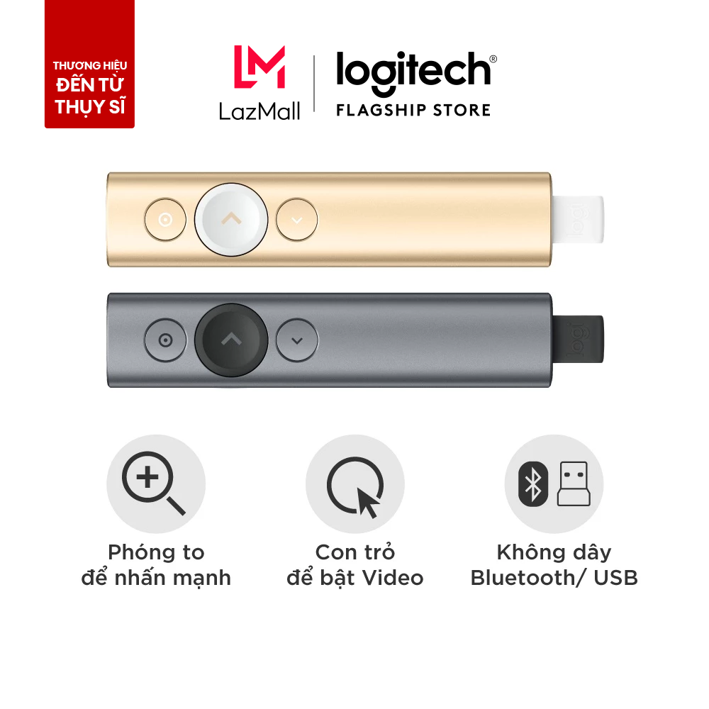 Bút trình chiếu từ xa Logitech Spotlight - không dây đến 30m kết nối Bluetooth và USB phóng to để nhấn mạnh điều khiển con trỏ bật video