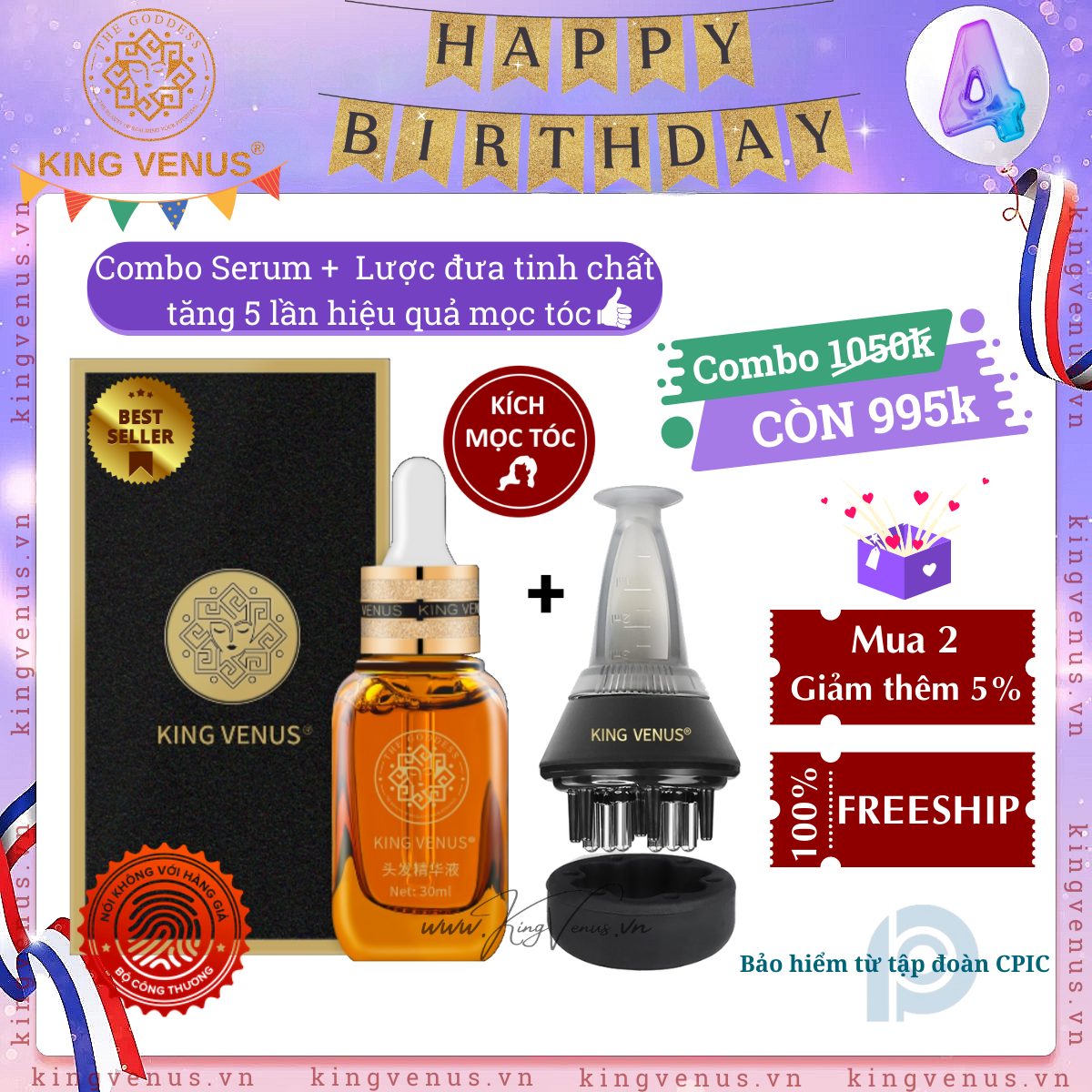 Tinh Chất Mọc Tóc KING VENUS Nuôi Dưỡng Nang Tóc Kích Mọc Tóc Giảm Rụng Tóc Dưỡng Mọc Tóc Dưỡng Hói Da Đầu Hiệu Quả Từ Hà Thủ Ô Đương Quy Nhân Sâm Hoàng Kỳ và Nhiều Loại Cây Thuốc[CHÍNH HÃNG]