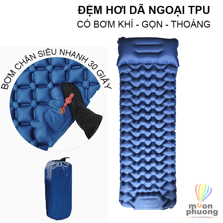 Đệm nệm hơi dã ngoại cắm trại văn phòng TPU kèm gối có bơm siêu nhỏ gọn - MUÔN PHƯƠNG SHOP