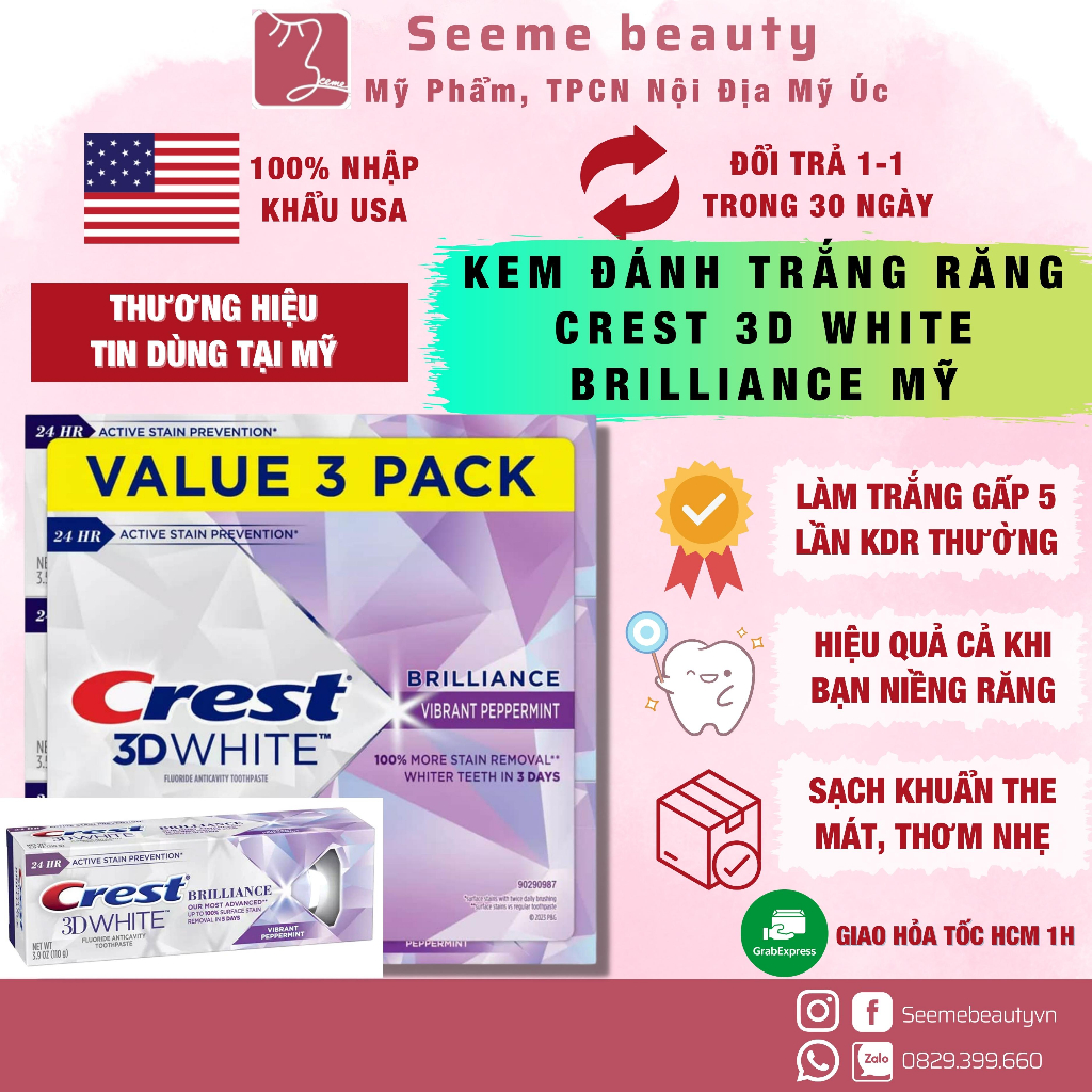 Kem đánh răng Crest 3D White Brilliance & Radiant Mint Peppermint 12H Improve Formula New BF-01015