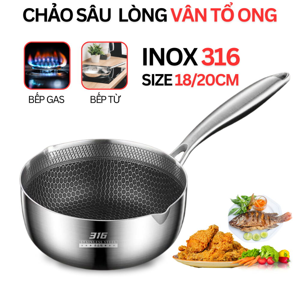 Chảo Chống Dính Vân Đá Tổ Ong Chất Liệu INOX 316 Đường Kính 18/28cm Dùng Cho Mọi Loại Bếp, Chống Xước Chống Gỉ SP1447 Siêu Bền