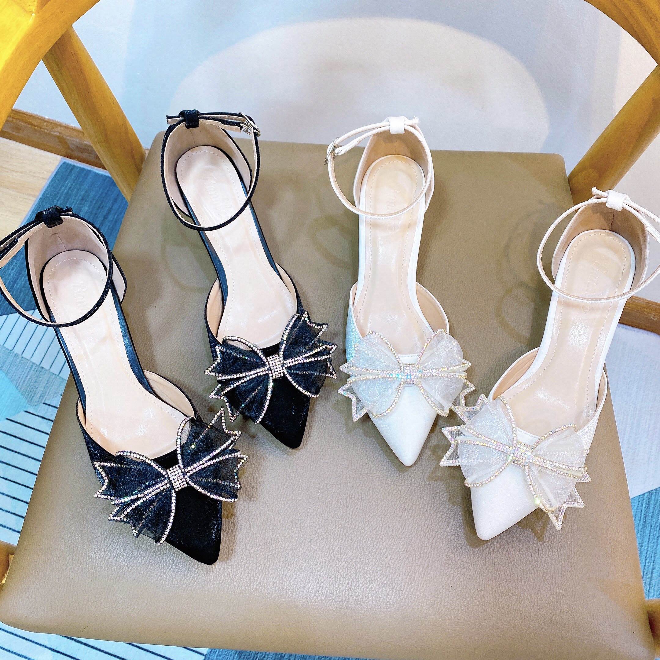 Giày cao gót sandal nữ quai hậu cao 5 phân nơ đính đá xinh xuất sắc