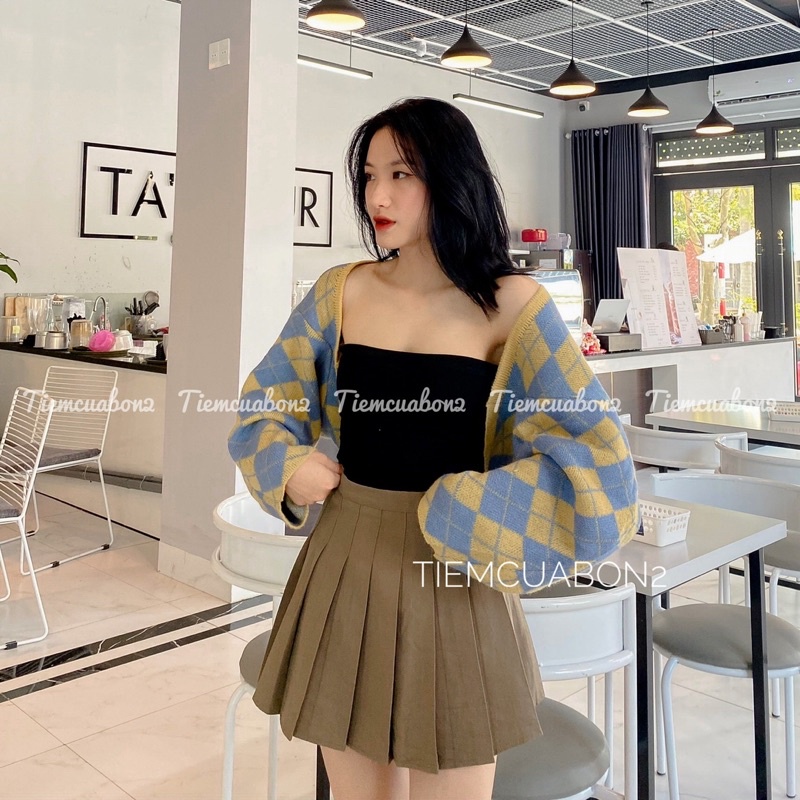 Carigan len khoác lửng, carigan trám ngắn, khoác len hàn quốc 2 màu: kẻ trám vàng, kẻ trám xanh than