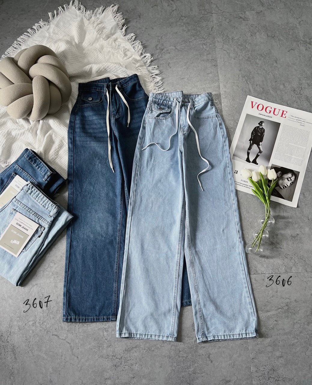 Quần baggy jean nữ lưng cao dây rút-jt