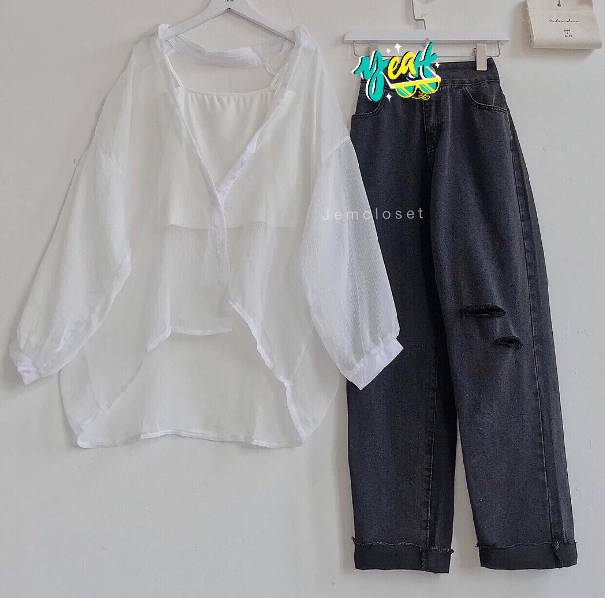 SET BAGGY XÁM RÁCH + SƠ MI CẶP TRẮNG