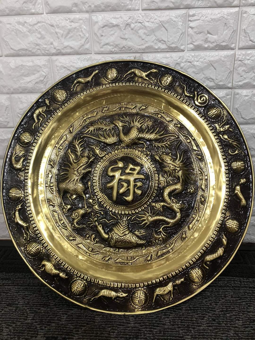 ĐỒ ĐỒNG Ý YÊN - Mâm Đồng Tứ Linh Hoa Văn Trạm Trổ đúc đồng đem tài lộc , may măn cho gia chủ đường kính 51cm . Đồ trang trang trí phong thủy