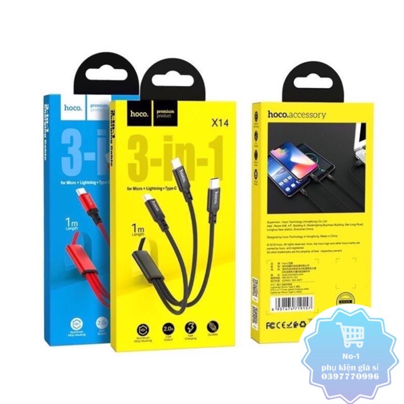 Cáp sạc đa năng 3in1 Ho_co X14 cổng microUSB / Lightning / Type-C dài 1M, max 2.4A Dây dù 3 đầu Android Ip | Type C