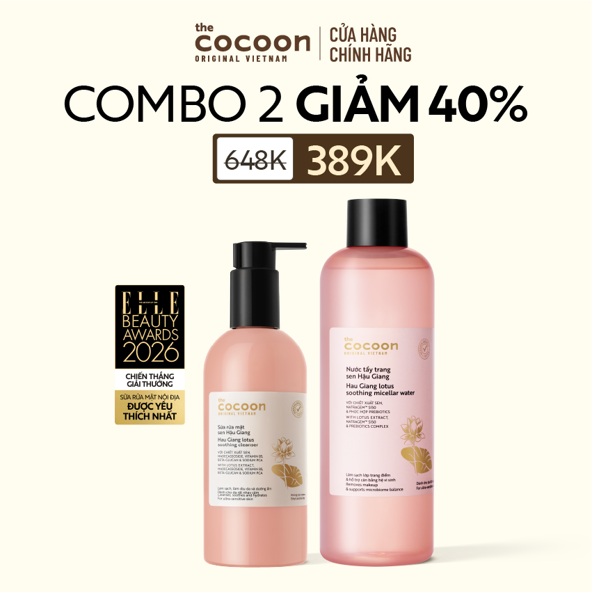 COMBO 1 Bigsize Nước tẩy trang Sen Cocoon 500ml + 1 Bigsize Sữa rửa mặt Sen Hậu Giang 310ml