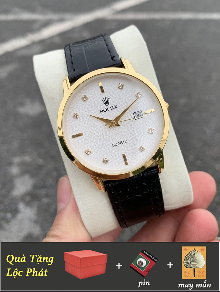 (Có Video) Đồng Hồ Nam Dây Da Mặt Mỏng Đính Đá Cao Cấp Tặng Pin Tặng Hộp, Quà May Mắn
