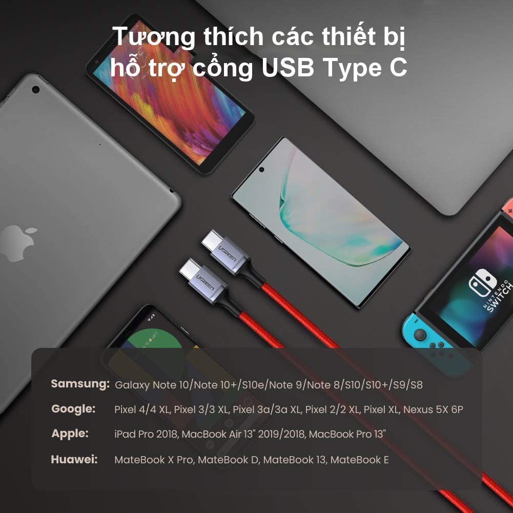 Cáp sạc và truyền dữ liệu 2 cổng USB type C, hỗ trợ sạc nhanh PD 60W, dòng tối đa 3A dây bện nylon dài 1m UGREEN US296 60186 Cáp sạc và truyền dữ liệu 2 cổng USB type C, hỗ trợ sạc nhanh PD 60W, dòng tối đa 3A dây bện nylon dài 1m UGREEN US296 60186