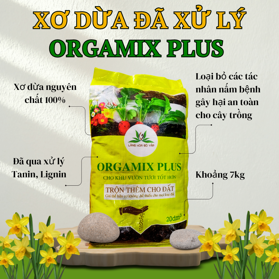 Xơ dừa đã xử lý Orgamix Plus 100% hữu cơ bao 20dm3 -  làm giá thể trồng cây, rau mầm, thay thế đất trồng rau...(Vườn Sài Gòn)