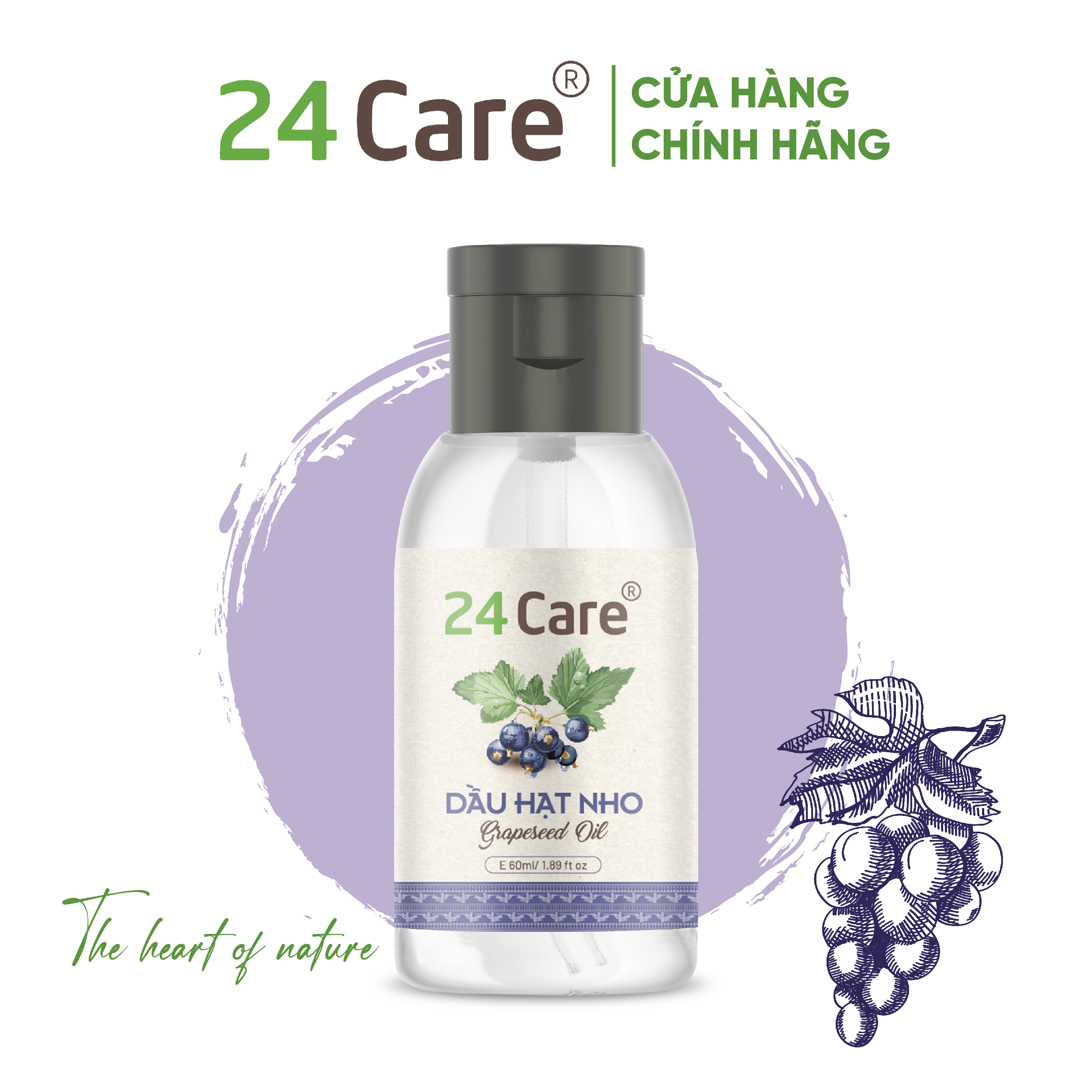 Dầu Hạt Nho 24Care Nguyên Chất - Săn chắc da, giảm bọng mắt, dưỡng ẩm, tăng sinh collagen - Dung tích 60/250ml