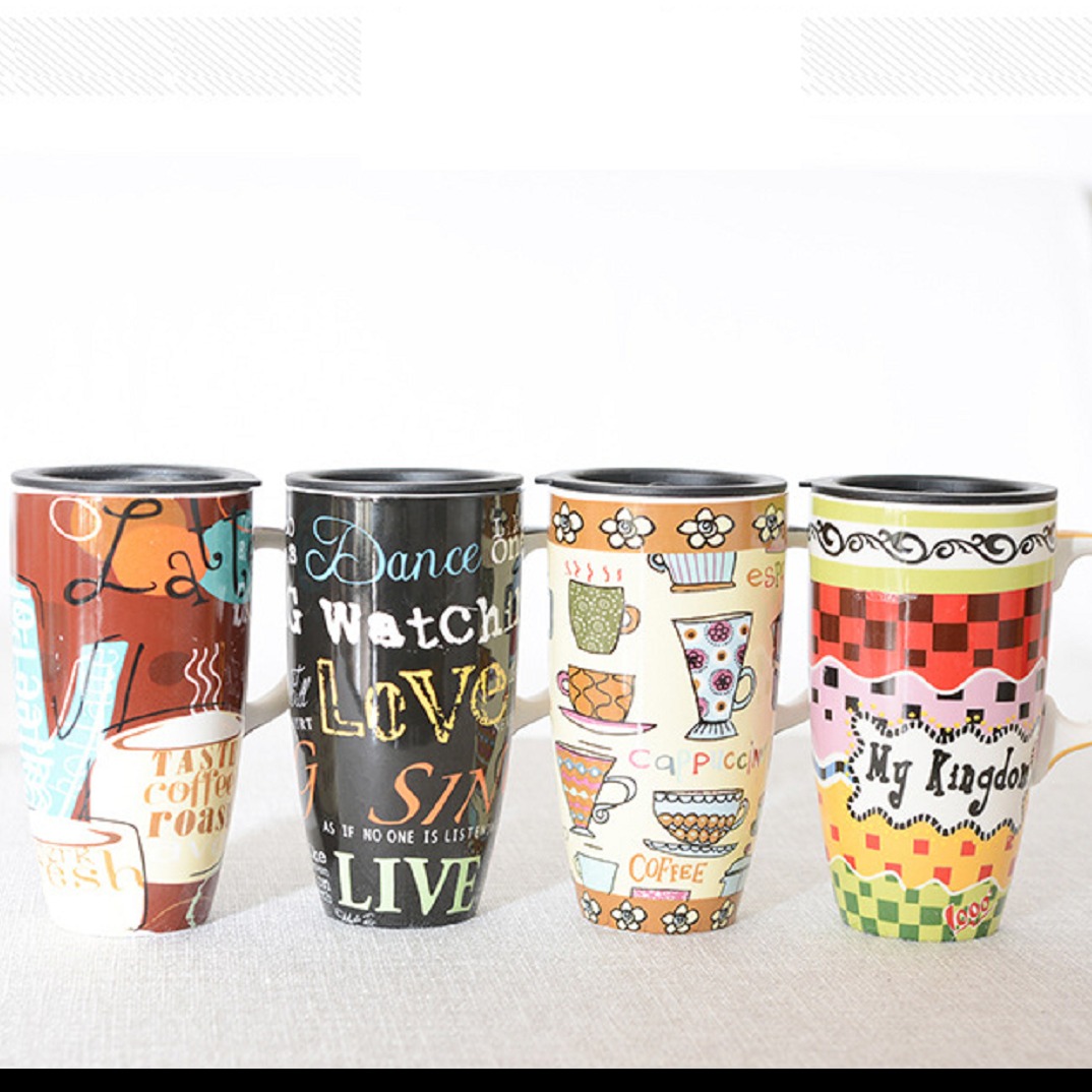 (tặng muỗng inox ) Cốc gốm sứ uống trà cafe có nắp đậy họa tiết 3d  500ml có tay cầm - ly su - coc su - Ly Sứ Uống Cà Phê