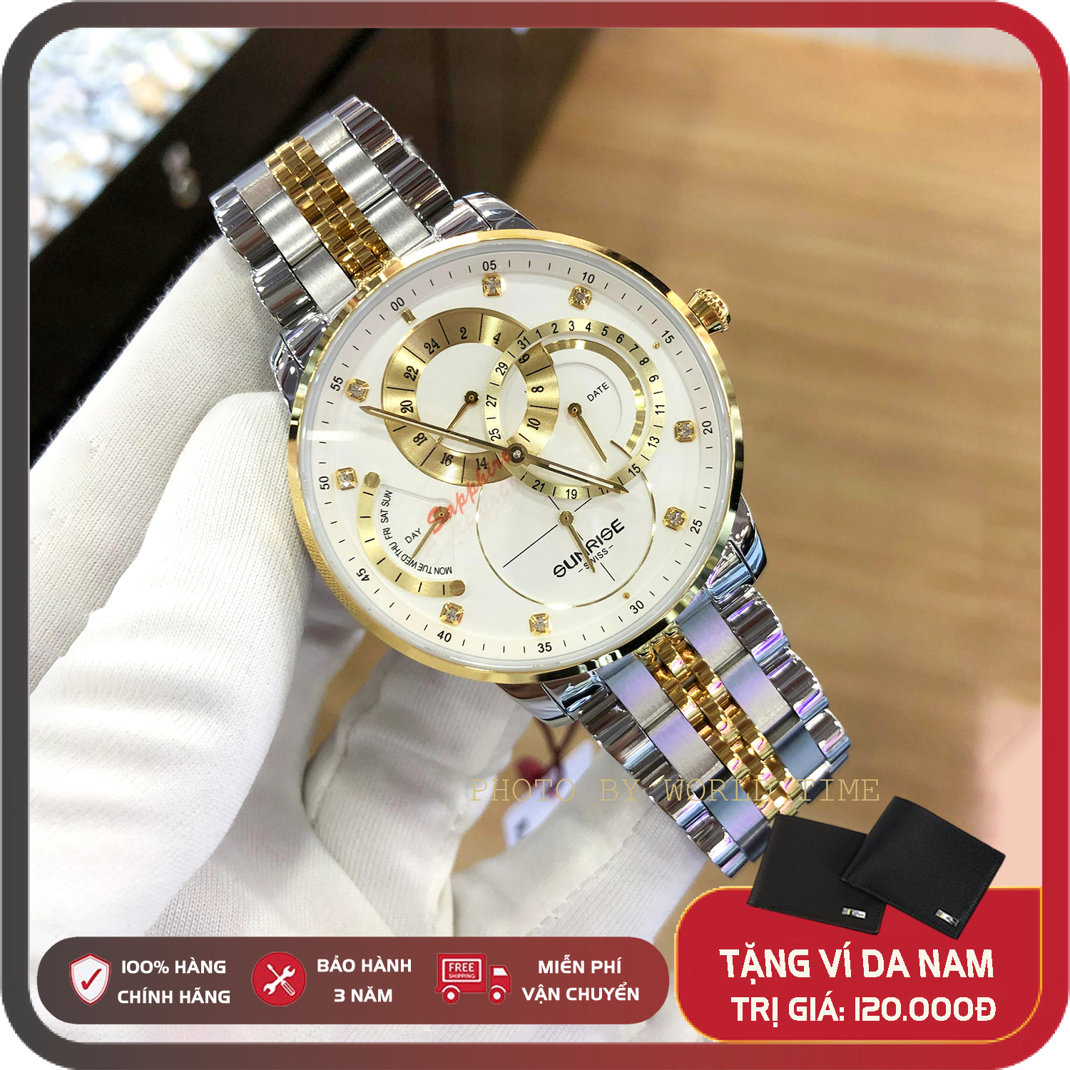 Đồng hồ nam dây thép Sunrise 1146SA full box mặt kính sapphire chống xước  chống nước thẻ bảo hành hãng 03 năm