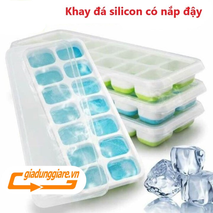 Khay đá silicon 14 ngăn có nắp đậy không dính mùi thực phẩm, làm rau câu, làm kem, khay trữ đông ăn dặm