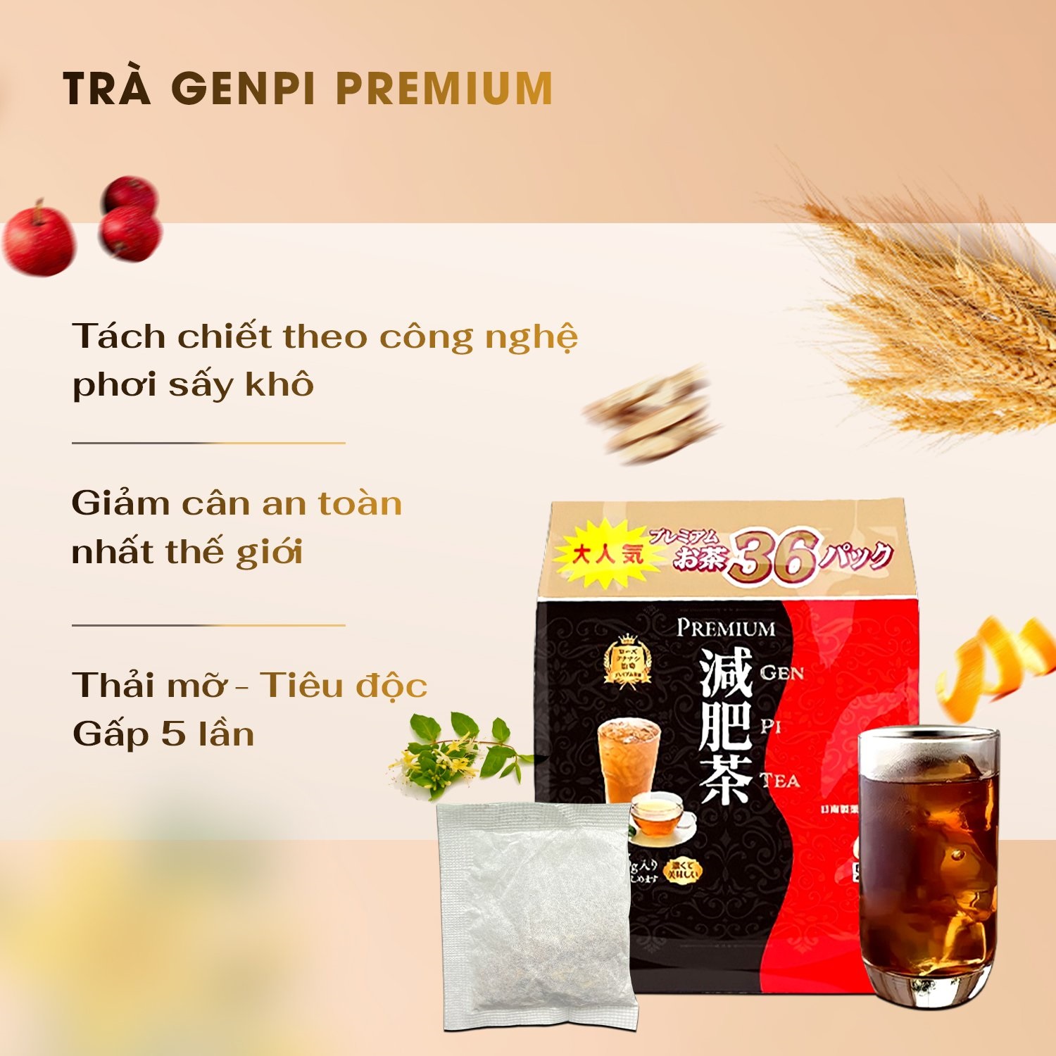 Trà giảm cân Tiêu mỡ Genpi Tea Premium Nhật bản 36 gói