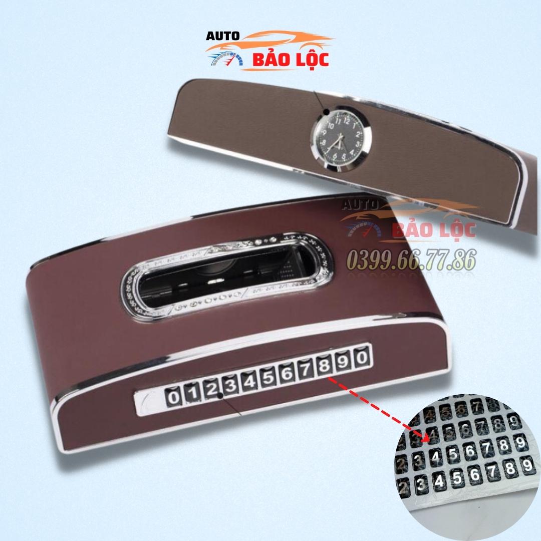 Hộp đựng khăn giấy chất liệu da đặt Taplo ô tô và bàn làm việc, kèm đồng hồ và bảng số điện thoại