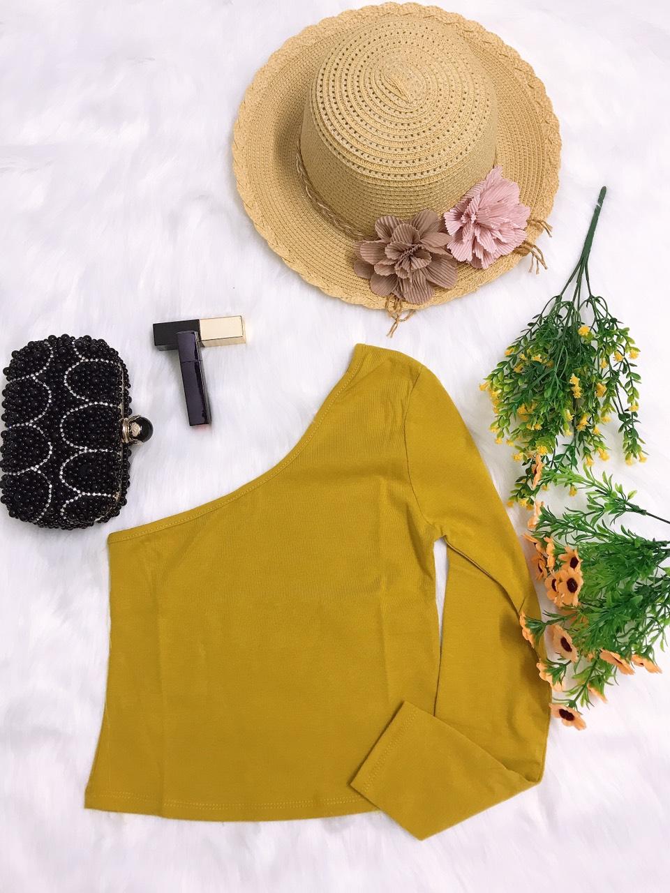 [HCM]Áo thun ôm tay dài xéo 1 bên ngực form croptop thun co dãn 4 chiều