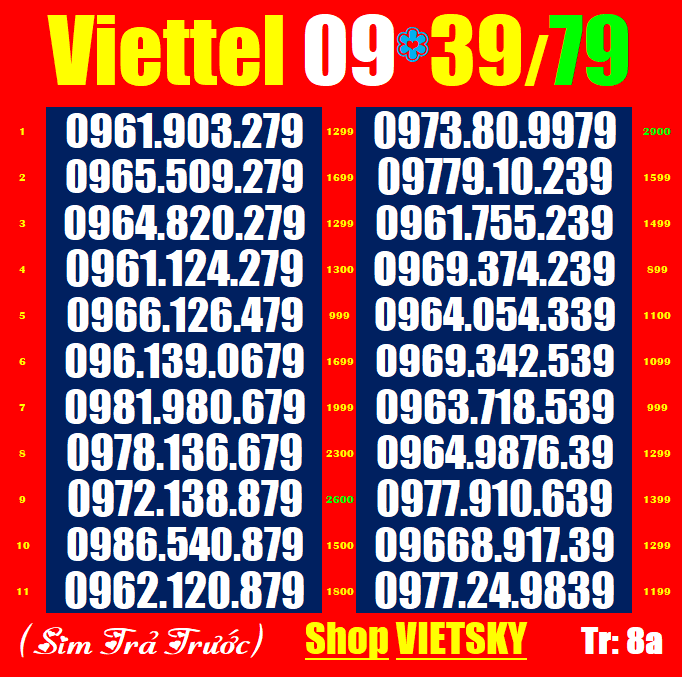  Sim Viettel Đuôi 39,79  List 8a 1,2,3,8,9,33 34.35,9a Sim nguyên kít chưa kích hoạt Sim viettel phủ sóng toàn quốc | vietsky 