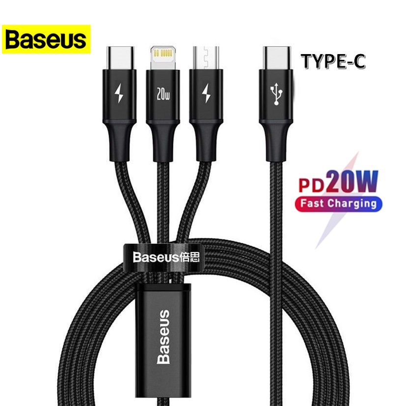 Cáp sạc nhanh 3 đầu 20w baseus rapid series dây dù type c to type c / ip/ micro usb ) dùng nhiều máy iphone samsung xiaomi cùng lúc