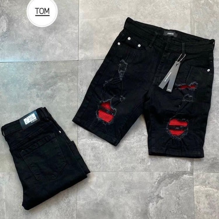 Quần short jean nam màu đen vá vải đỏ co giãn vài dày dặn cầm nặng tay VB-SHOP