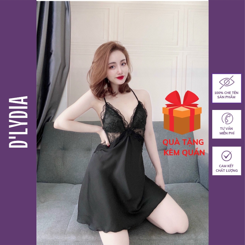 Váy ngủ sexy gợi cảm lụa latin 2 dây phối ren có cúp ngực tặng kèm quần D'LYDIA DN04