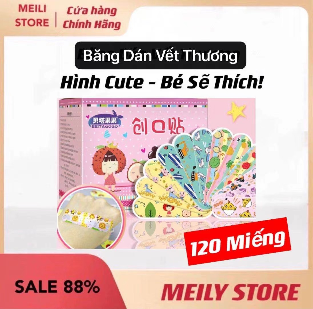 Hộp 120 miếng băng dán vết thương siêu dính, băng dán cá nhân hoạt hình ngộ nghĩnh, băng gâu tiện lợi