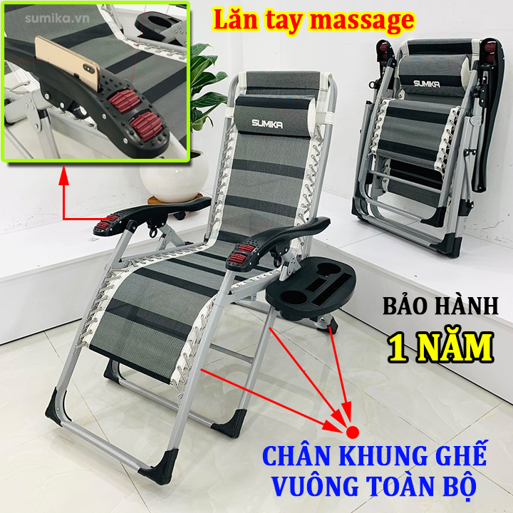 Ghế gấp xếp thư giãn SUMIKA 199 - HOT NEW 2022 (tặng kèm khay) lăn tay massage khung vuông cao cấp,khóa kim loại, tải trọng 300kg, bảo hành 1 năm, ghế bố, ghế văn phòng