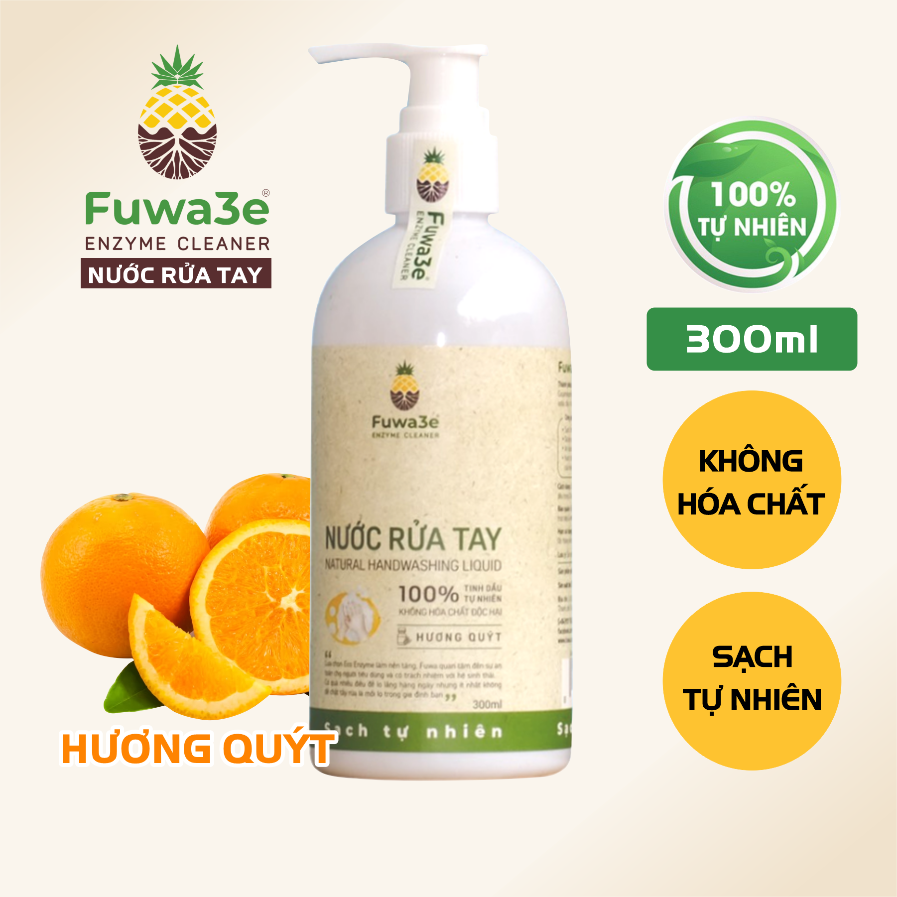 Nước rửa tay hữu cơ hương quýt Fuwa3e chai 300ml