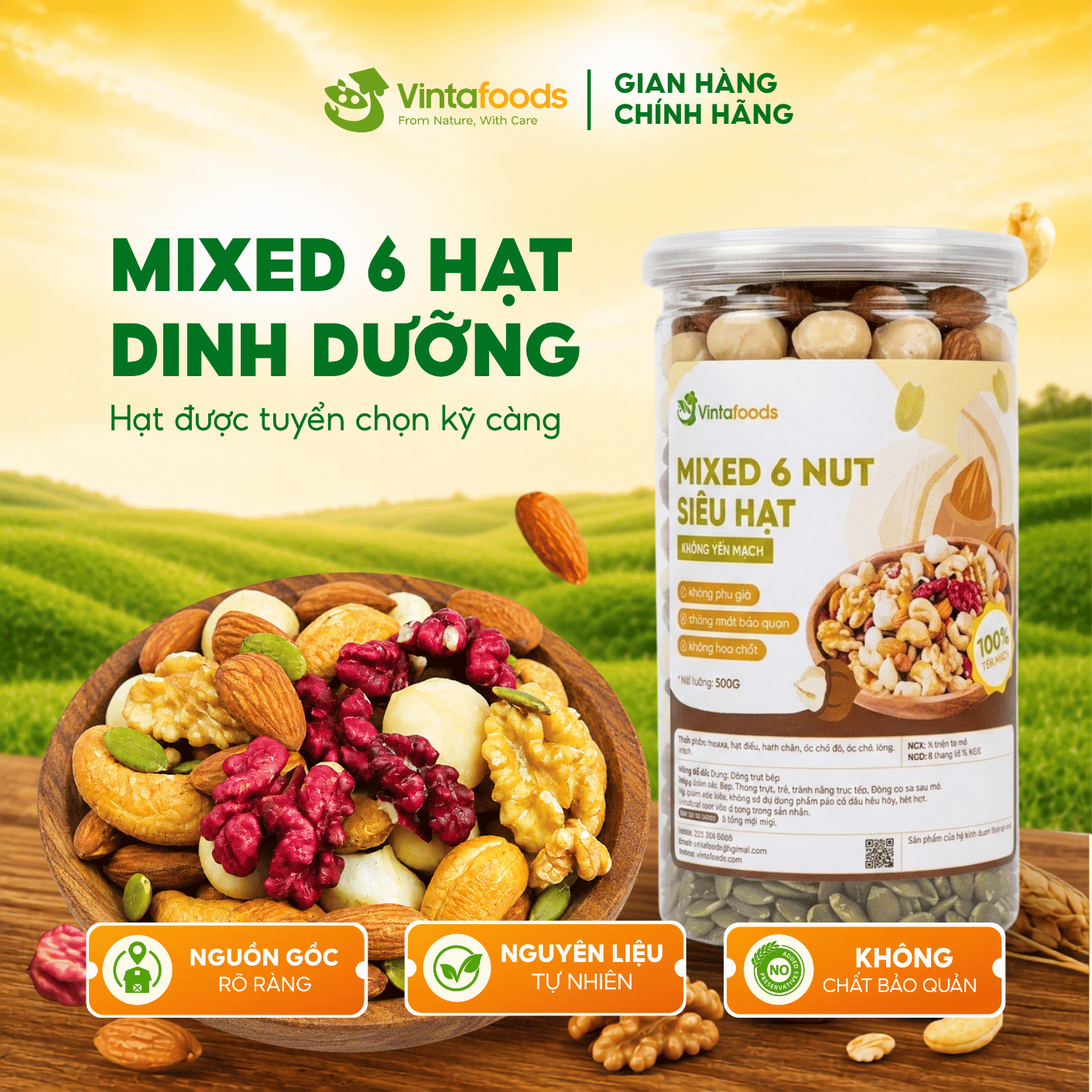 Hạt dinh dưỡng mix 6 VINTAFOODS, hạt ngũ cốc ăn vặt tiện lợi cho bà bầu, ăn kiêng, giảm cân 500g