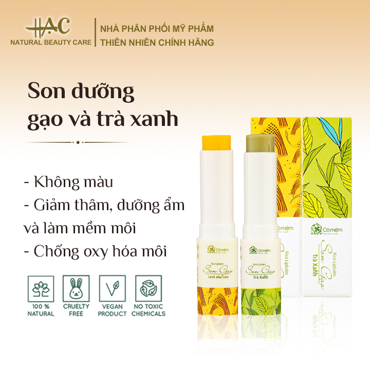Son dưỡng gạo - trà xanh 100% thành phần từ thiên nhiên, không chất tạo màu, giảm thâm, dưỡng ẩm và làm mềm môi, chống oxy hóa môi - Cỏ Mềm - HẠC Natural Beauty Care